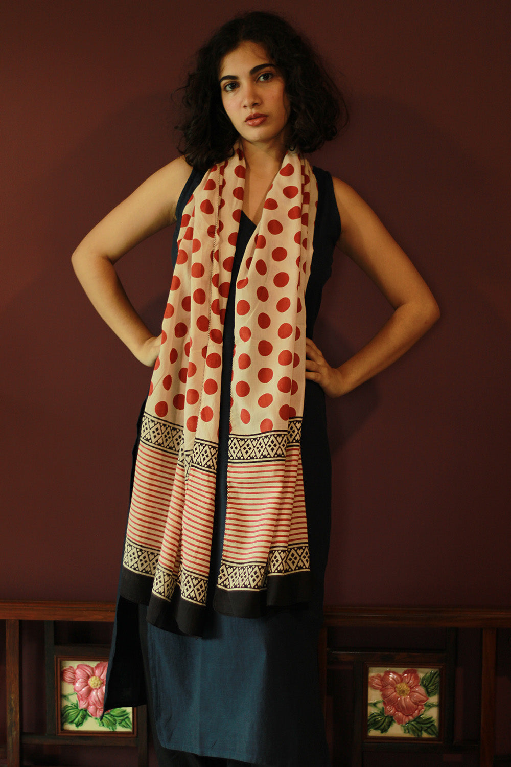 Cotton Stole | Bagru | Maroon Polka