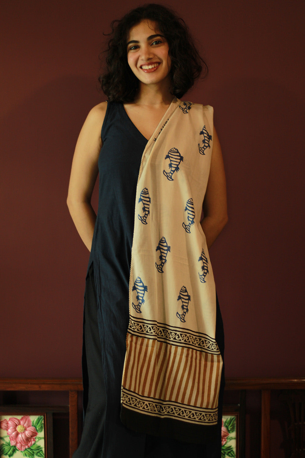 Cotton Stole | Bagru | Blue Fish