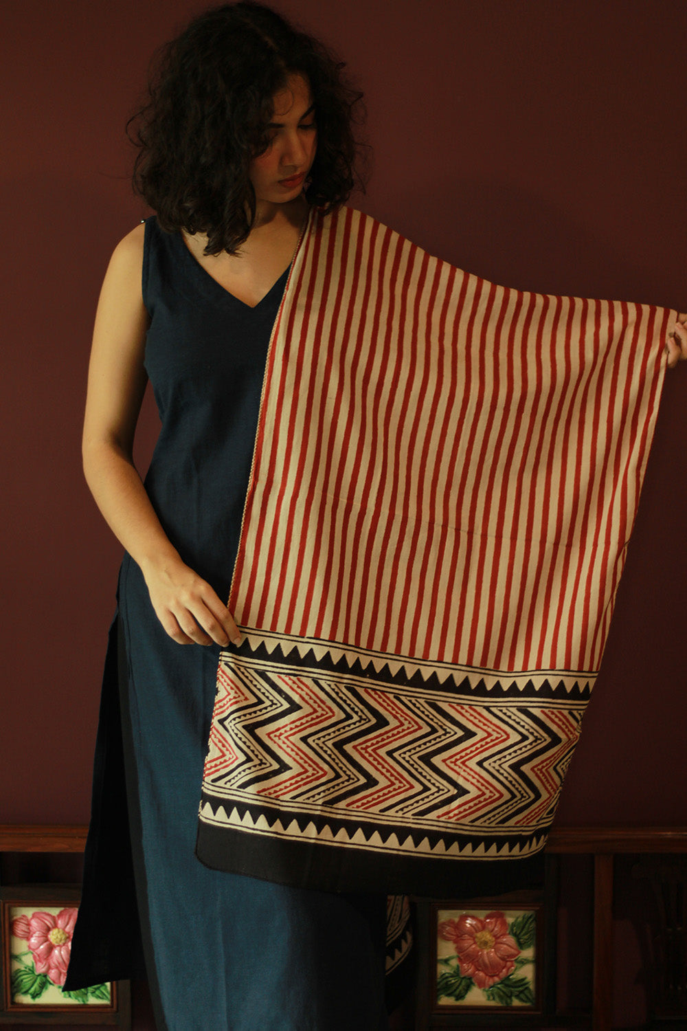 Cotton Stole | Bagru | Maroon Stripes