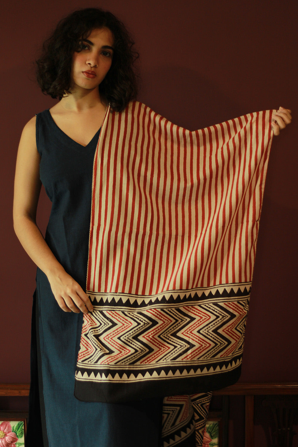Cotton Stole | Bagru | Maroon Stripes