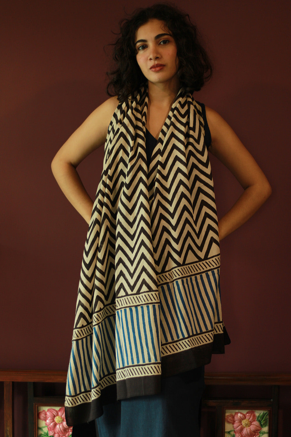 Cotton Stole | Bagru | Noir Chevron