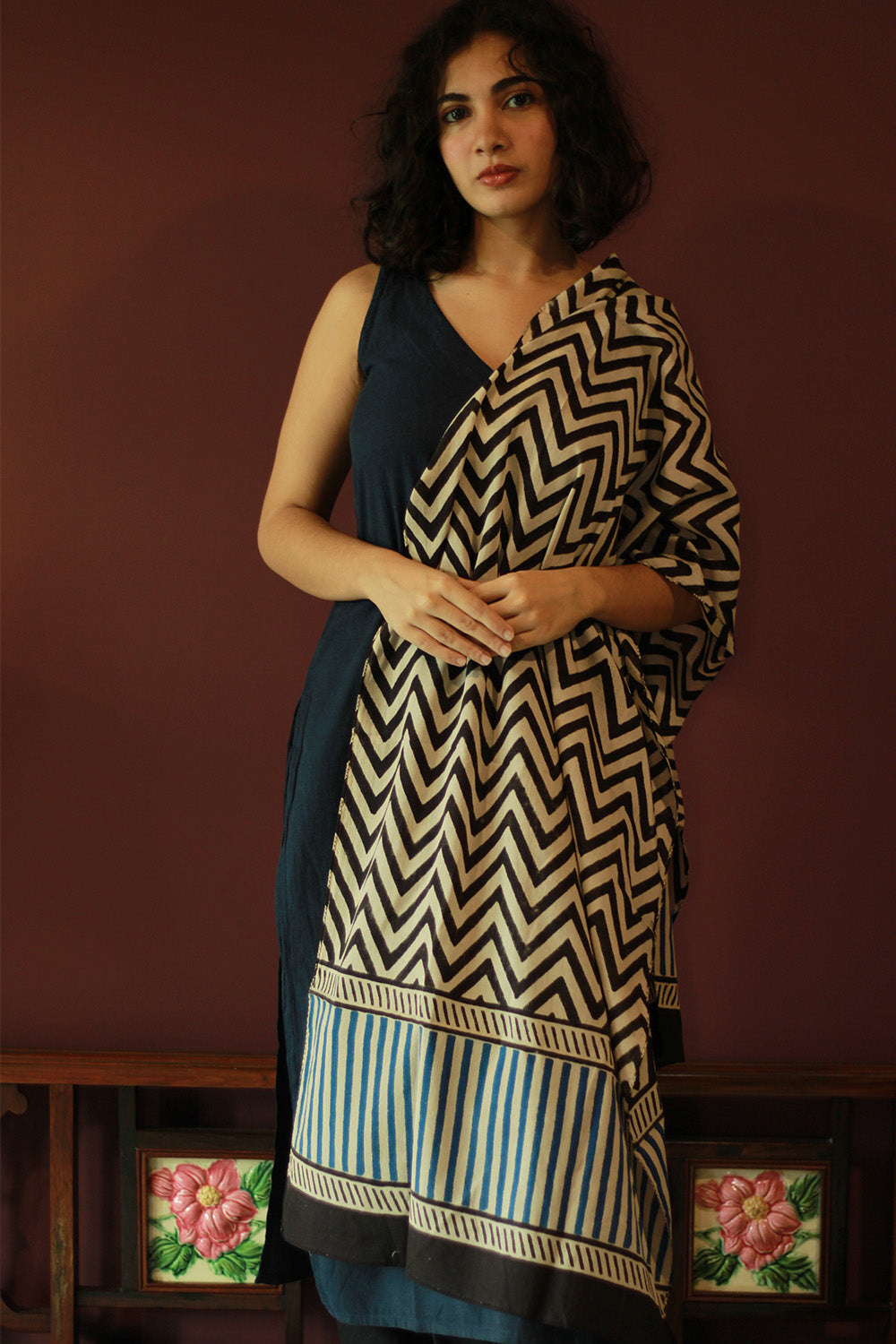 Cotton Stole | Bagru | Noir Chevron