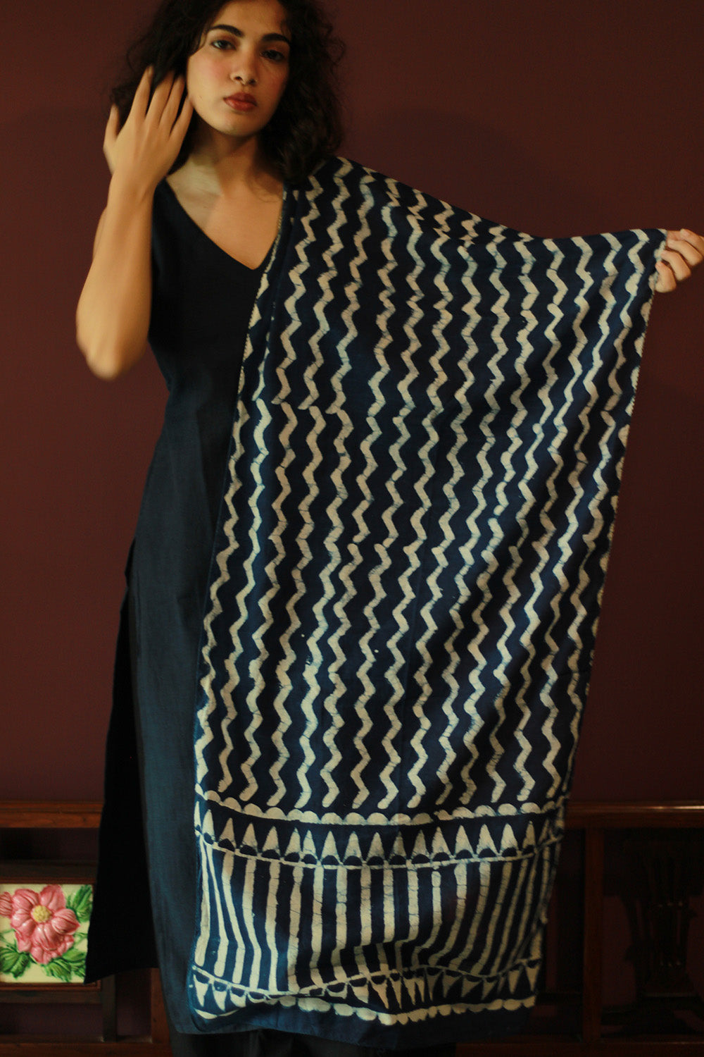 Cotton Stole | Bagru | Indigo Chevron