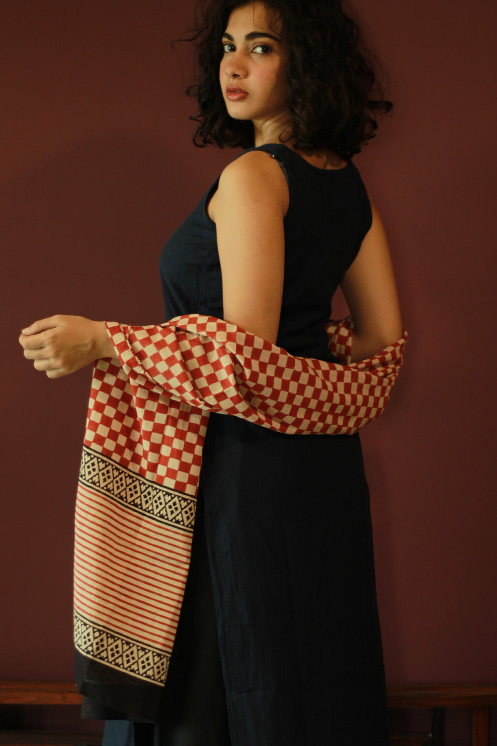 Cotton Stole | Bagru | Maroon Checks