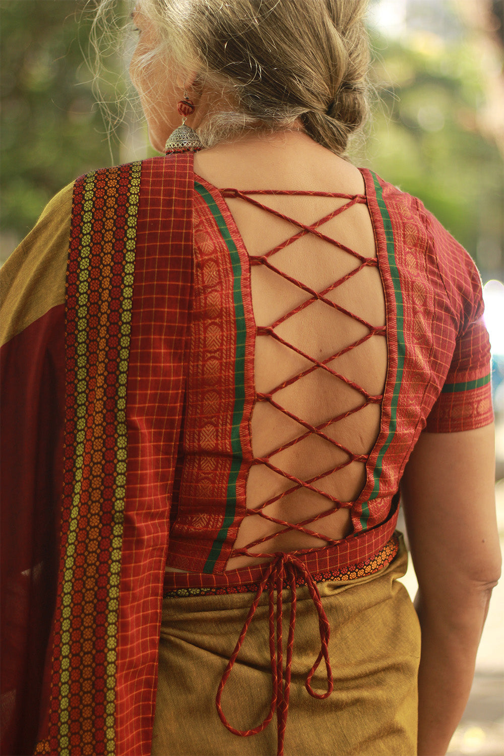 Moha | Backless Lace-Up Blouse | Maroon Checks