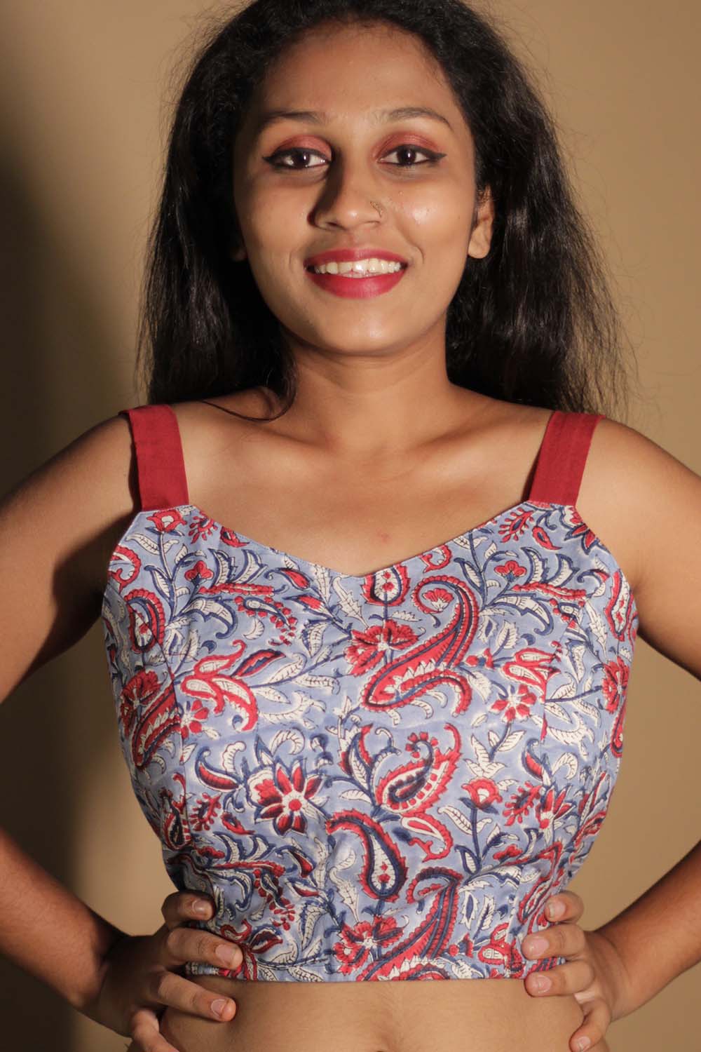 Moha | Backless Lace-Up Blouse | Blue Sanganeri Red Straps