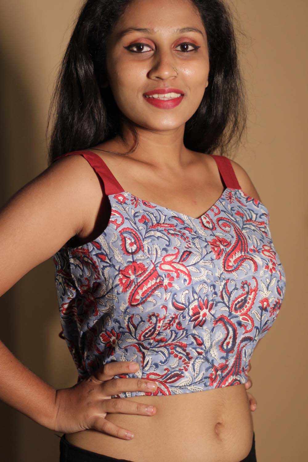 Moha | Backless Lace-Up Blouse | Blue Sanganeri Red Straps