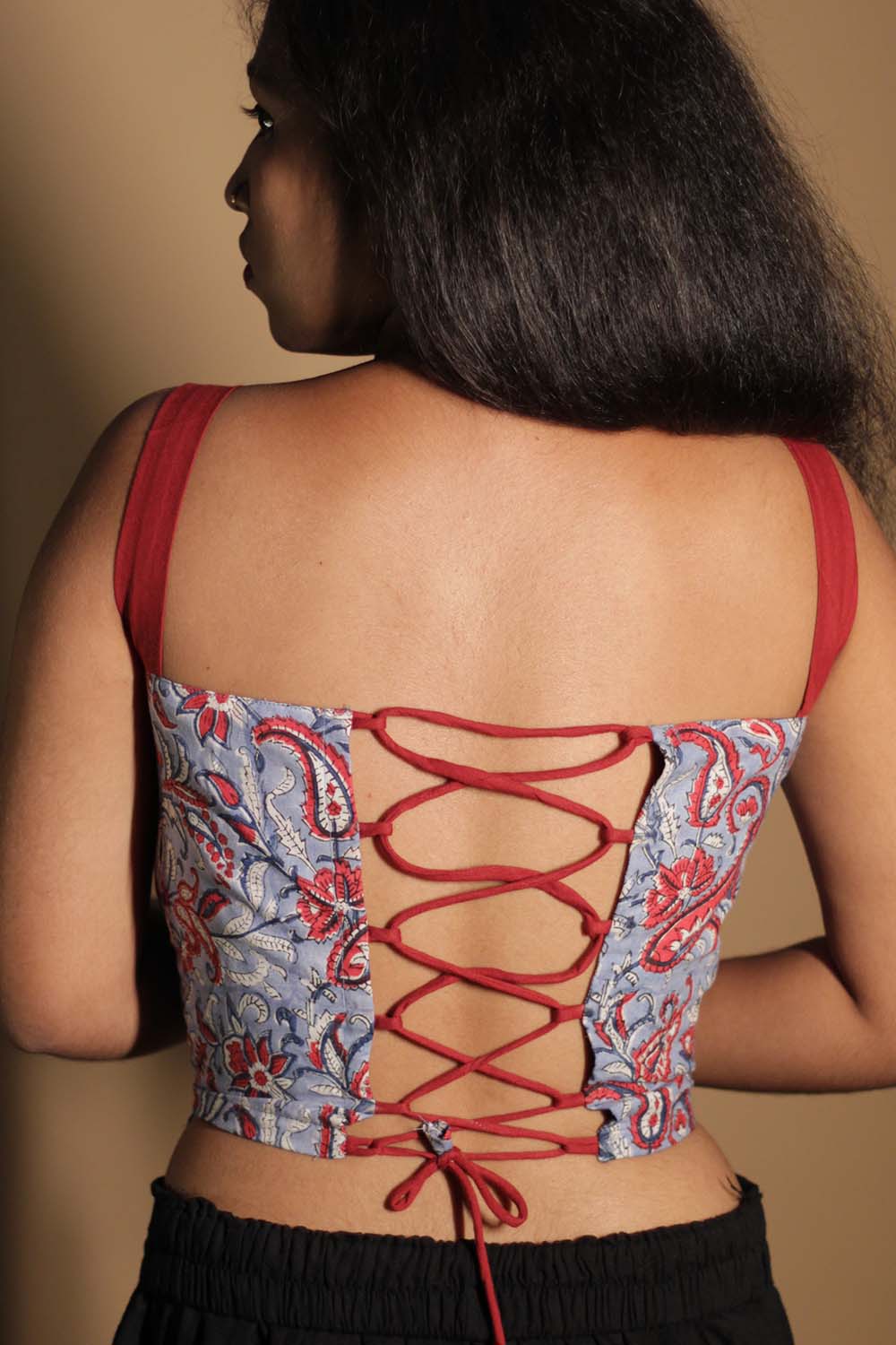 Moha | Backless Lace-Up Blouse | Blue Sanganeri Red Straps