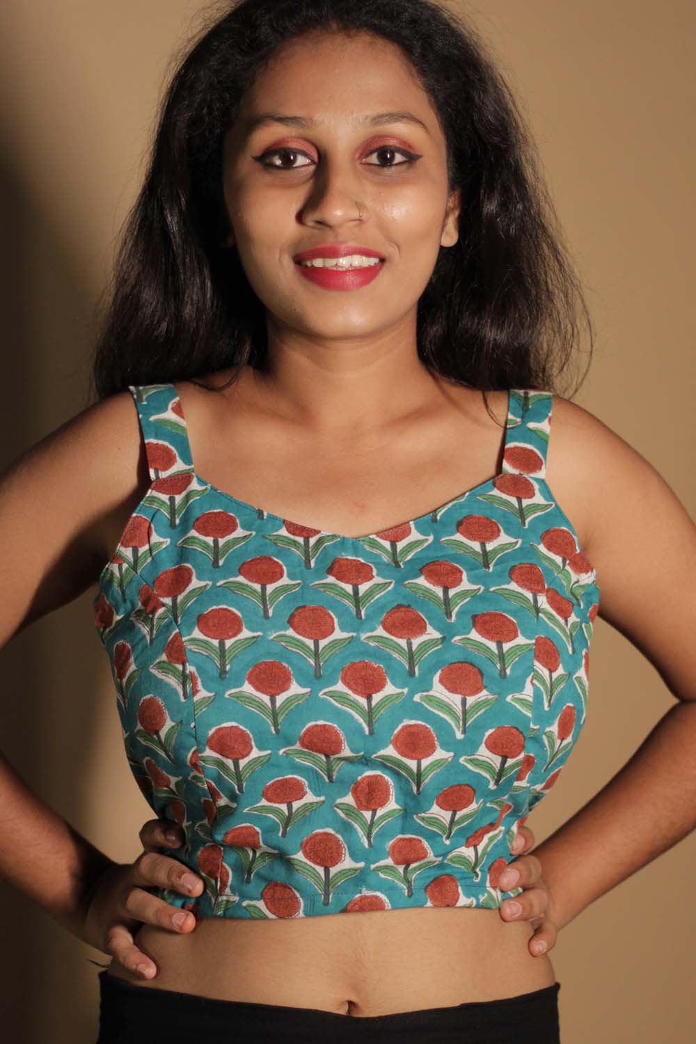 Moha | Backless Lace-Up Blouse | Teal Flowers Sanganeri