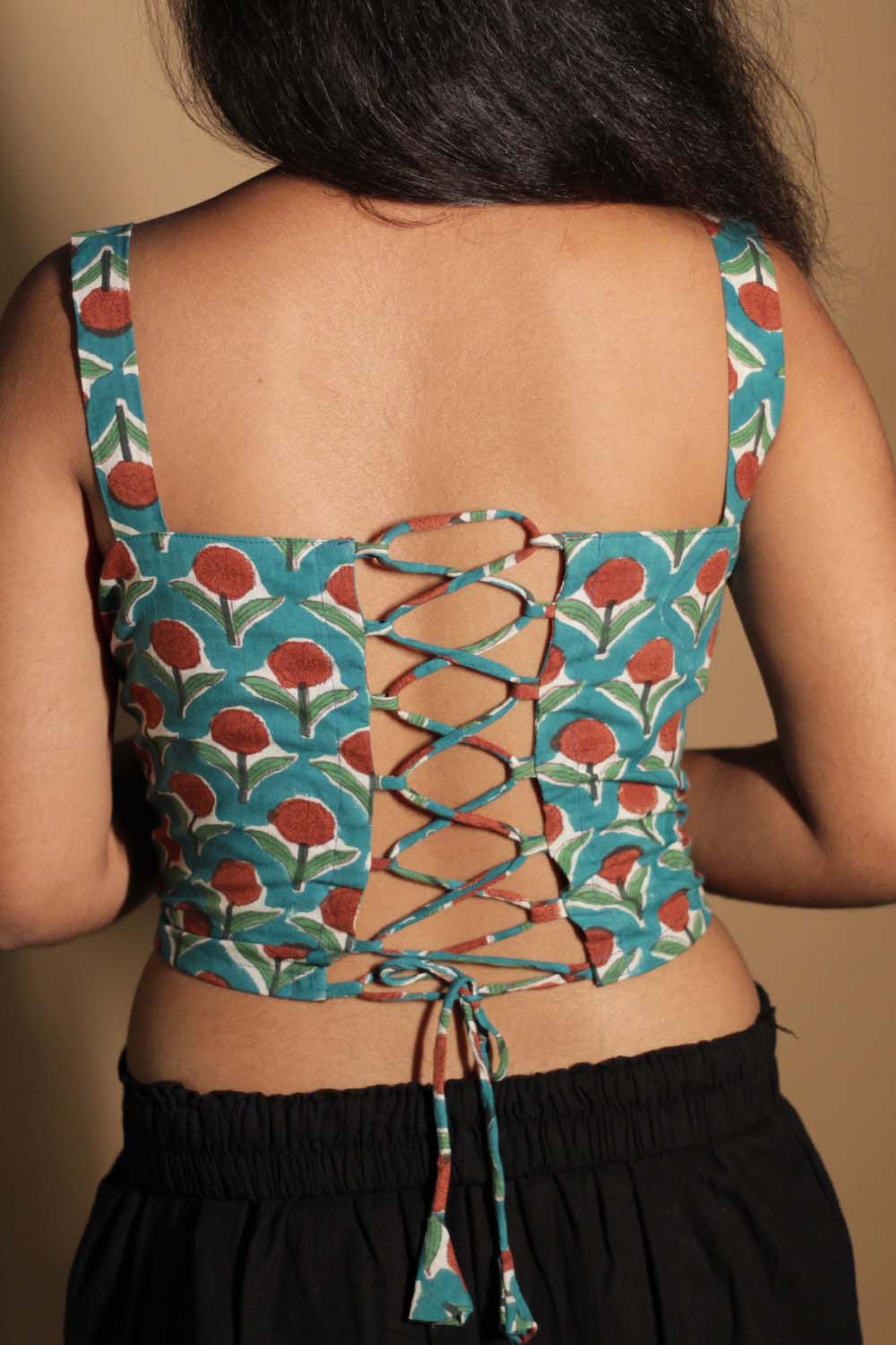 Moha | Backless Lace-Up Blouse | Teal Flowers Sanganeri