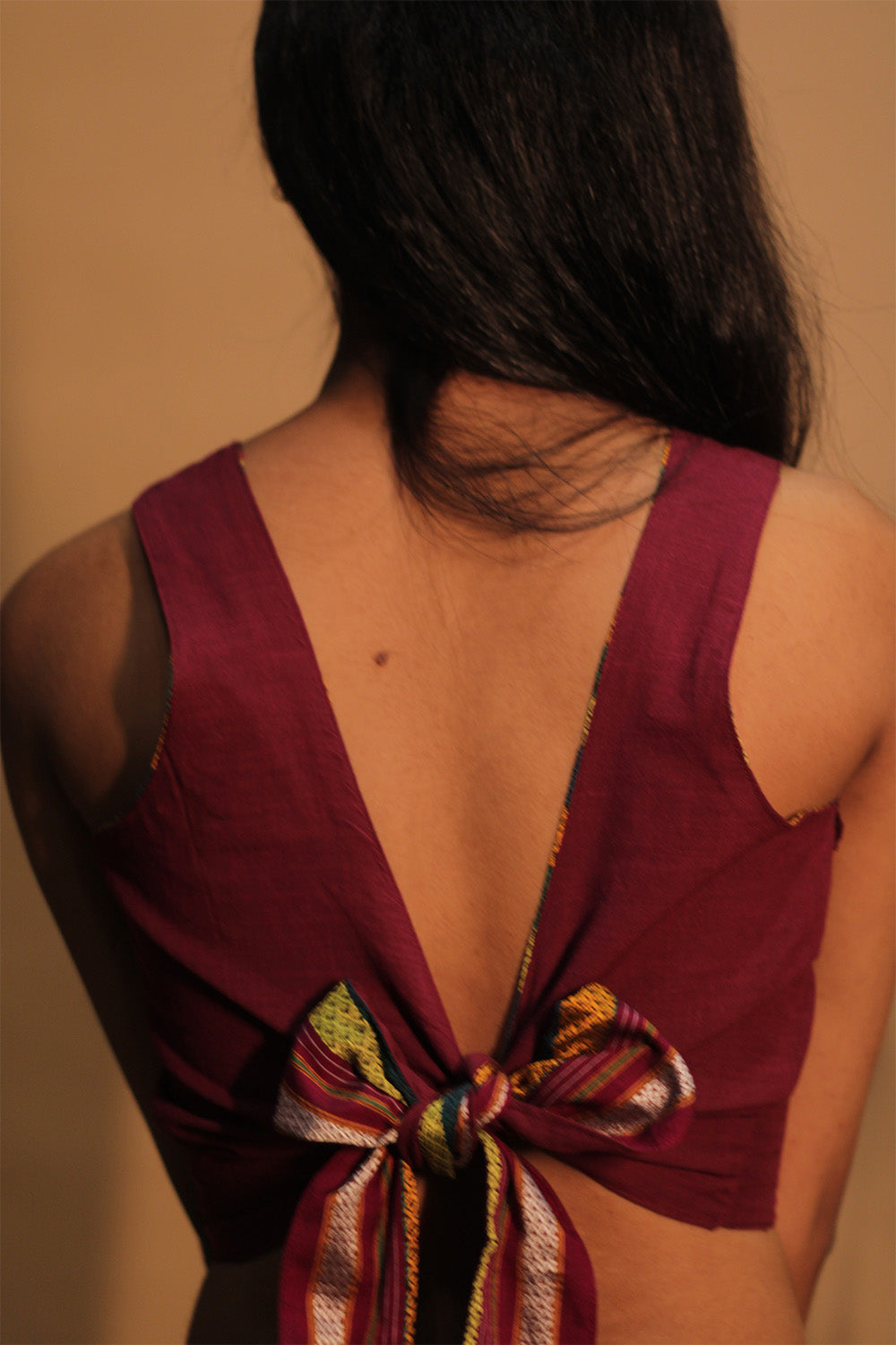 Mastaani | Reversible Blouse | Wine Red with Multicolour Striped Khunn