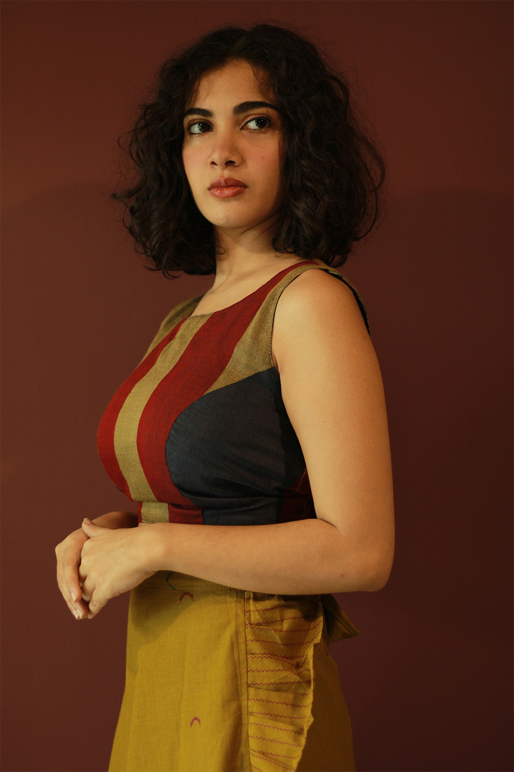 Mastaani | Reversible Blouse | Navy Sanganeri With Multicolour Stripes
