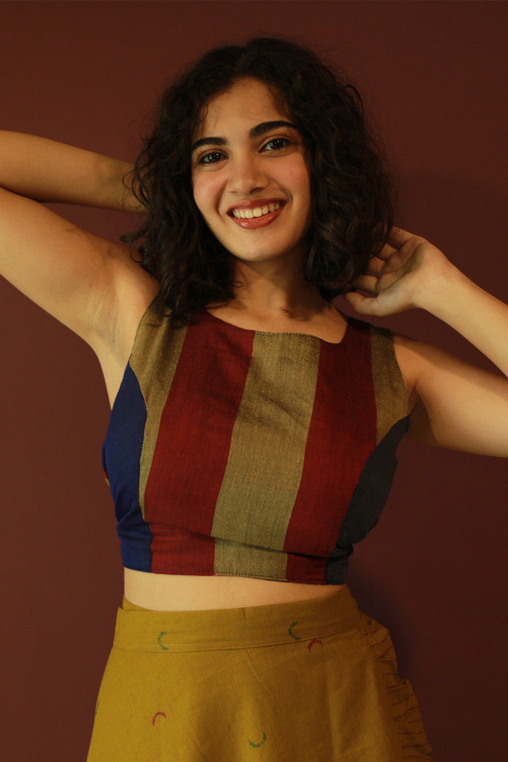 Mastaani | Reversible Blouse | Navy Sanganeri With Multicolour Stripes