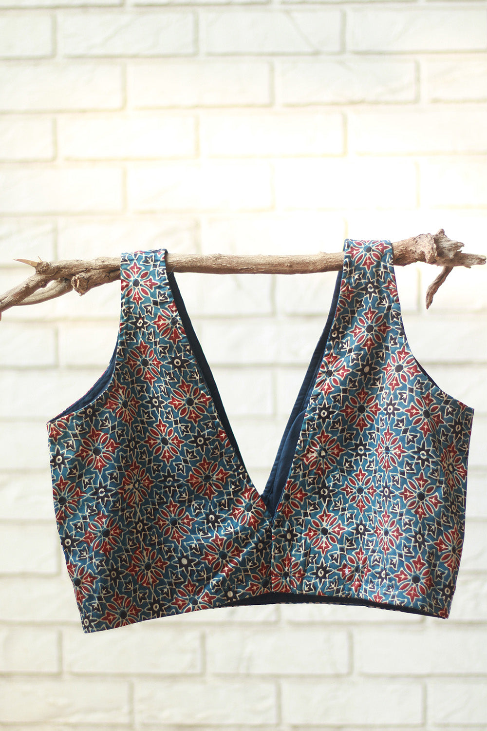 Sleeveless Blouse | Modal Silk | Indigo & Madder Floral Ajrakh