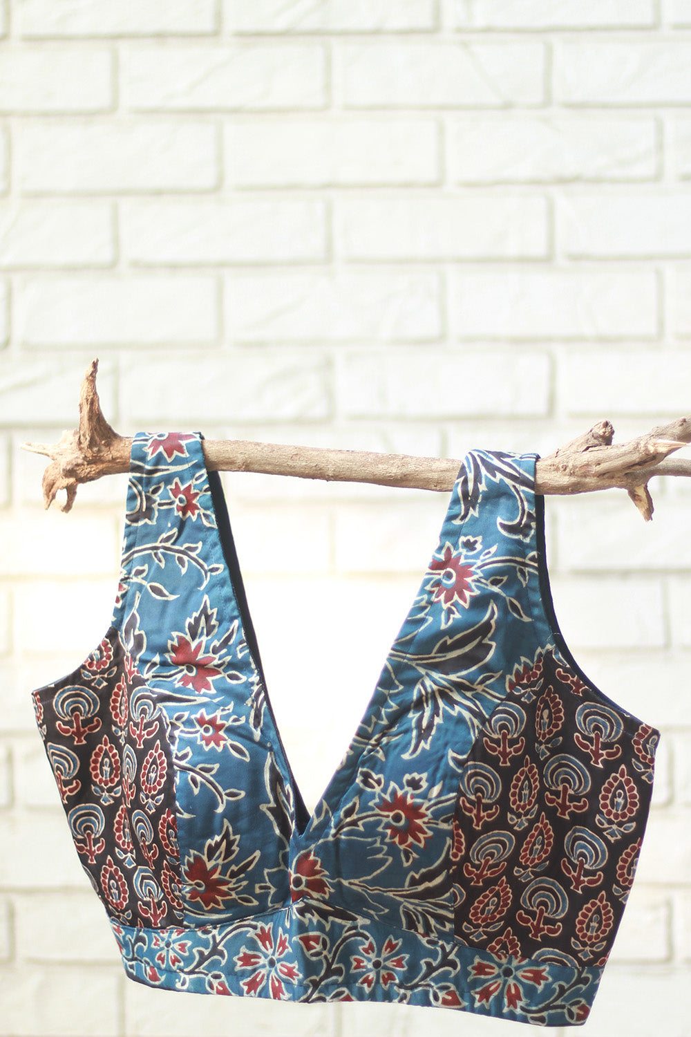 Sleeveless Blouse | Modal Silk | Navy Floral Ajrakh