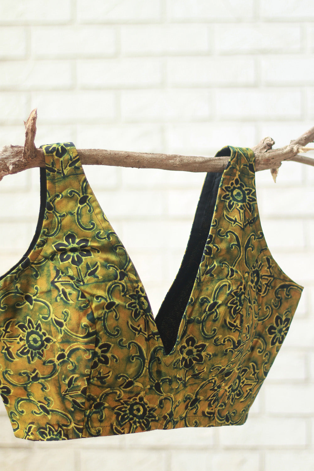 Sleeveless Blouse | Modal Silk | Green Floral Ajrakh