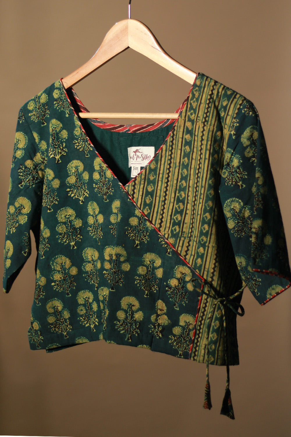 Aabroo | Angarkha Blouse / Crop Top | Green Floral Ajrakh