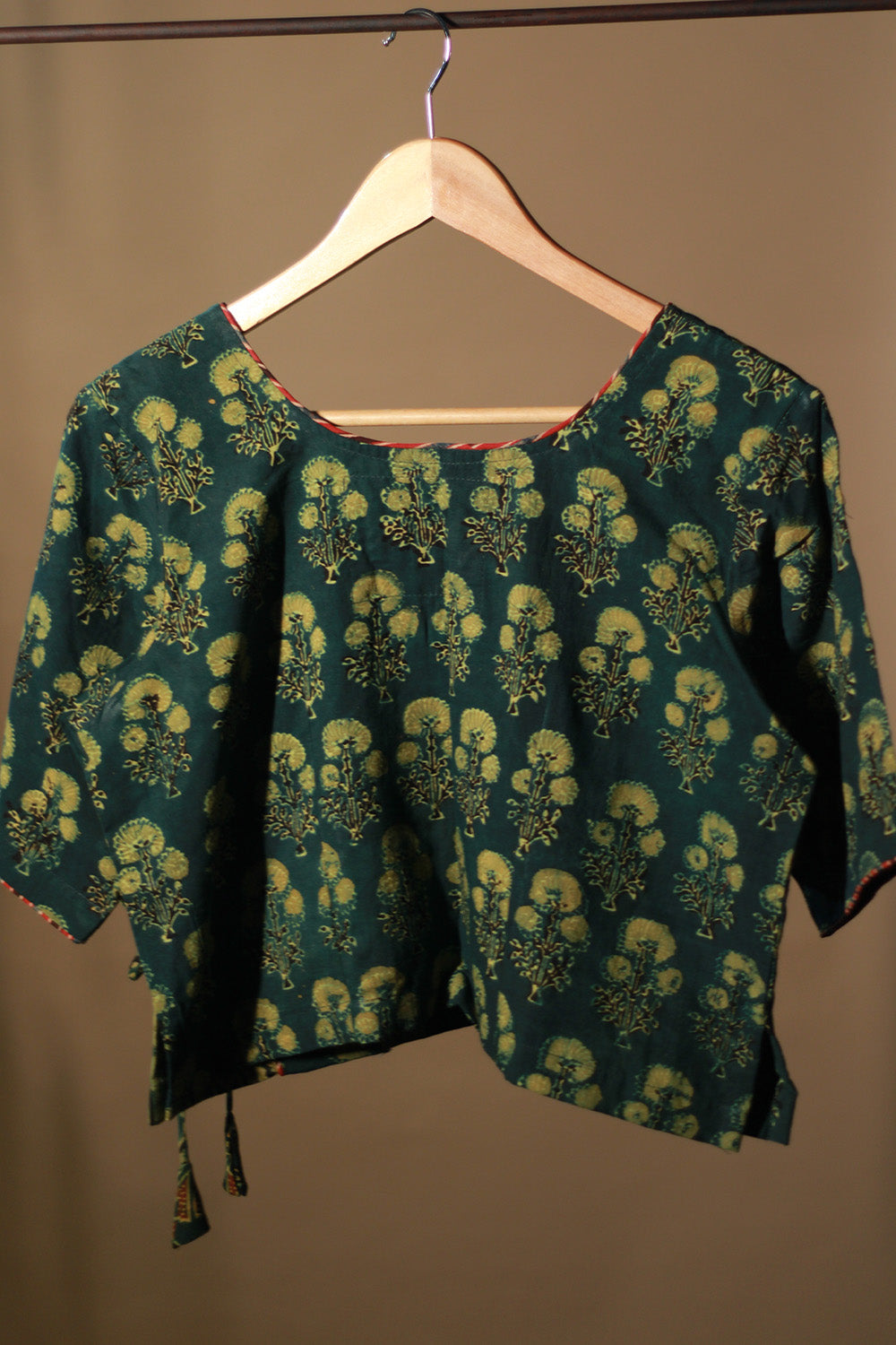 Aabroo | Angarkha Blouse / Crop Top | Green Floral Ajrakh