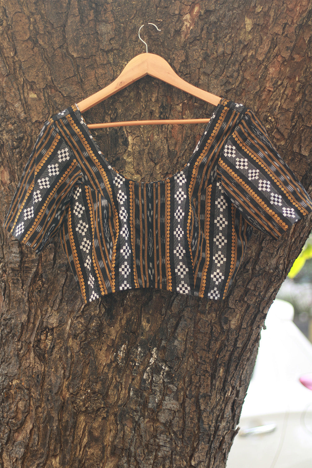 Sleeved Blouse | Ikkat | Charcoal Grey