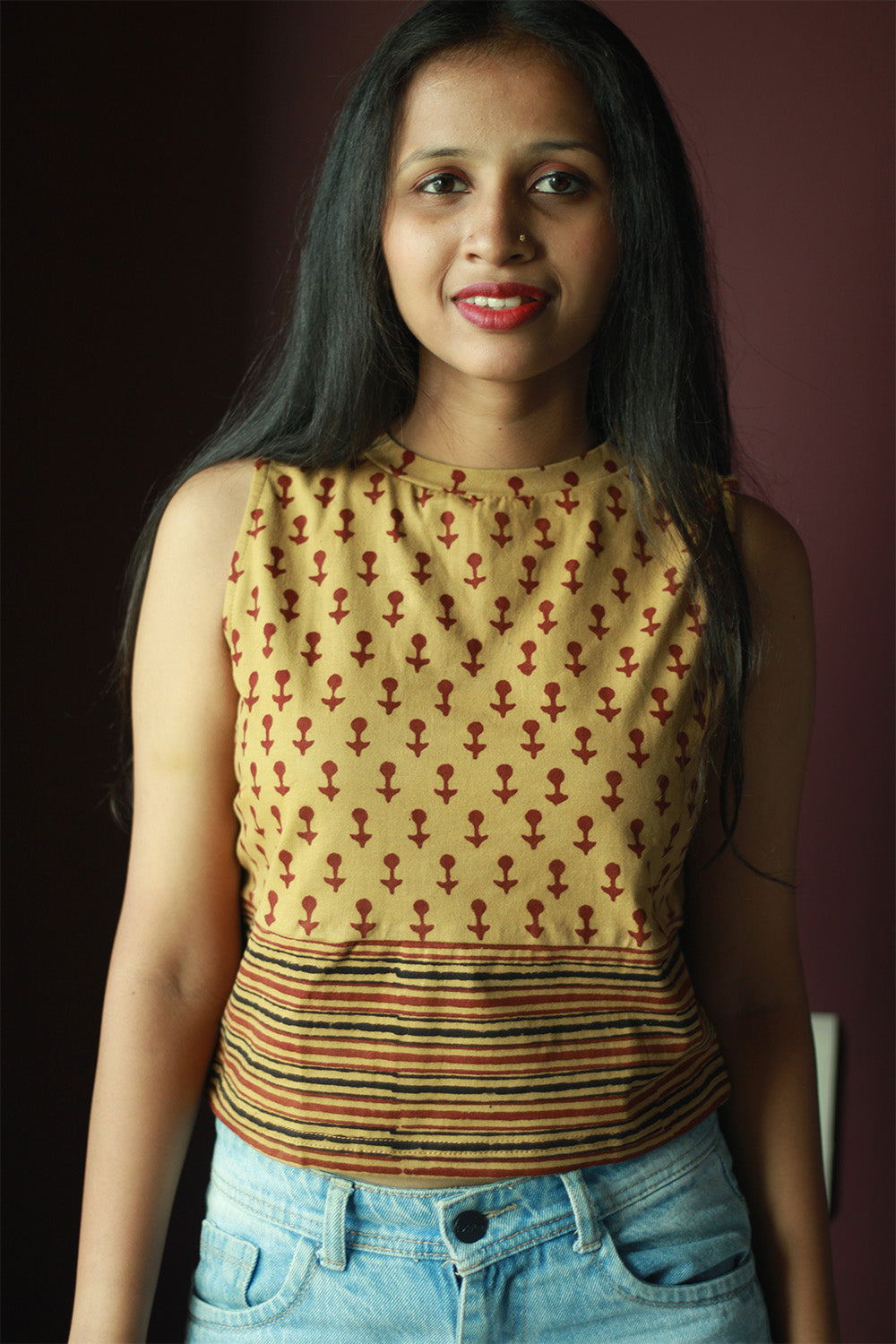 Kirgiti | Stretchable Blouse / Crop Top | High Neck | Beige Maroon Stripe Dabu