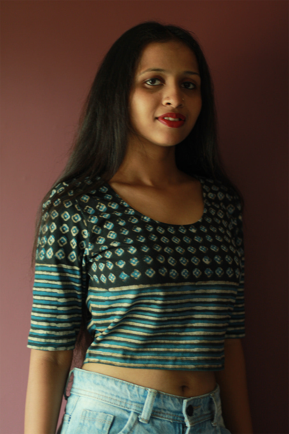 Kirgiti | Stretchable Blouse / Crop Top | Grey-Blue Buta and Striped Dabu