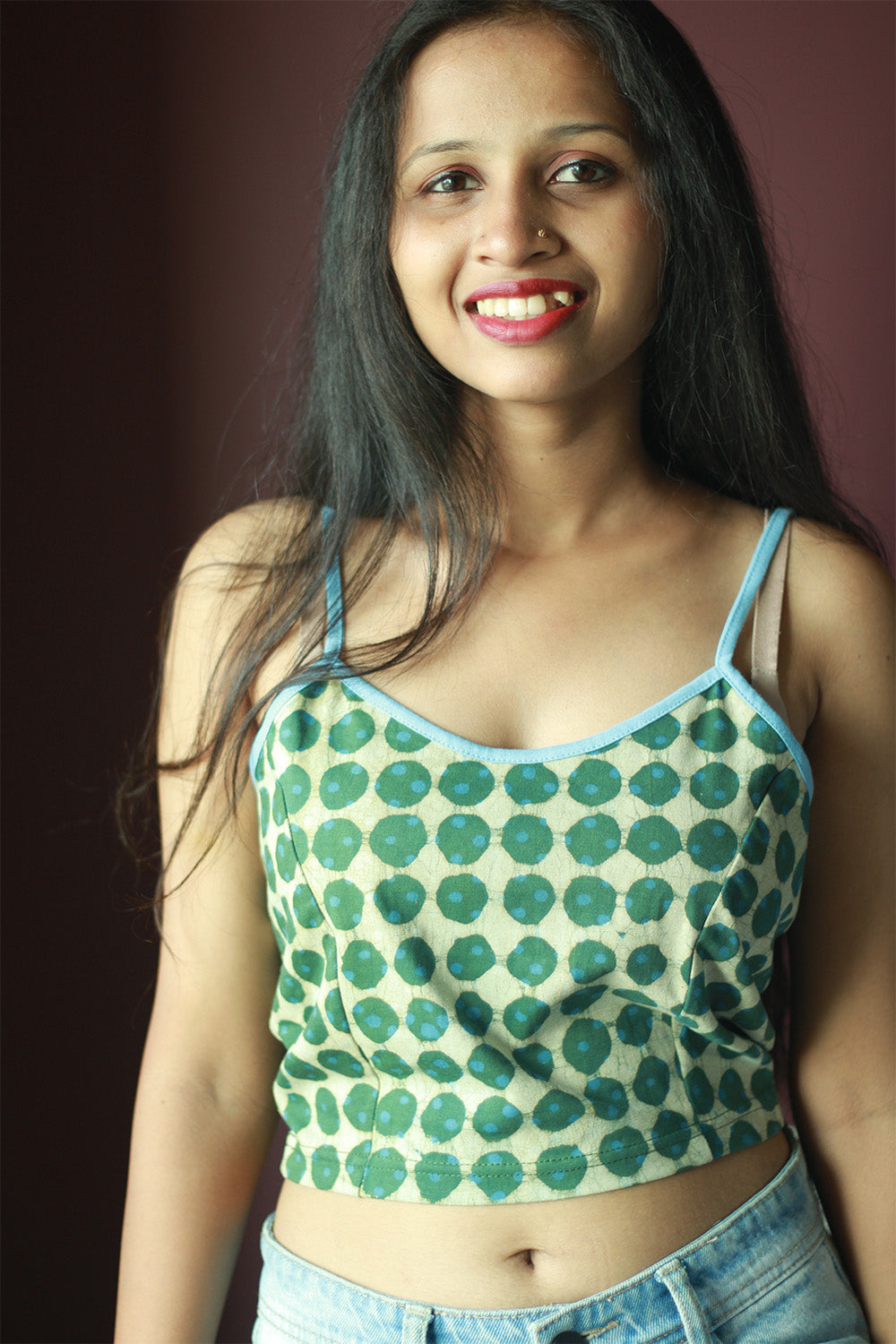 Kirgiti | Stretchable Blouse / Crop Top | Spaghetti | Green Polka Dabu