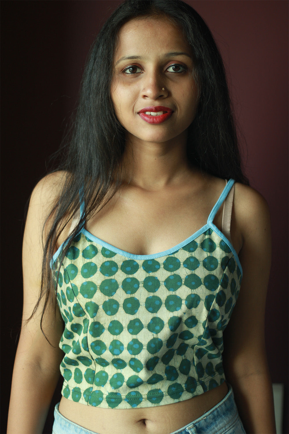 Kirgiti | Stretchable Blouse / Crop Top | Spaghetti | Green Polka Dabu