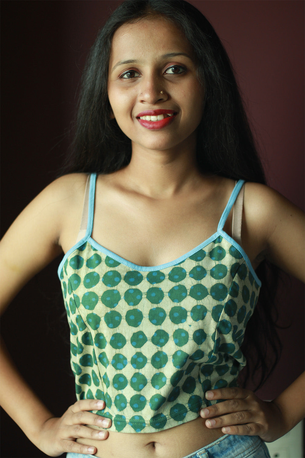 Kirgiti | Stretchable Blouse / Crop Top | Spaghetti | Green Polka Dabu