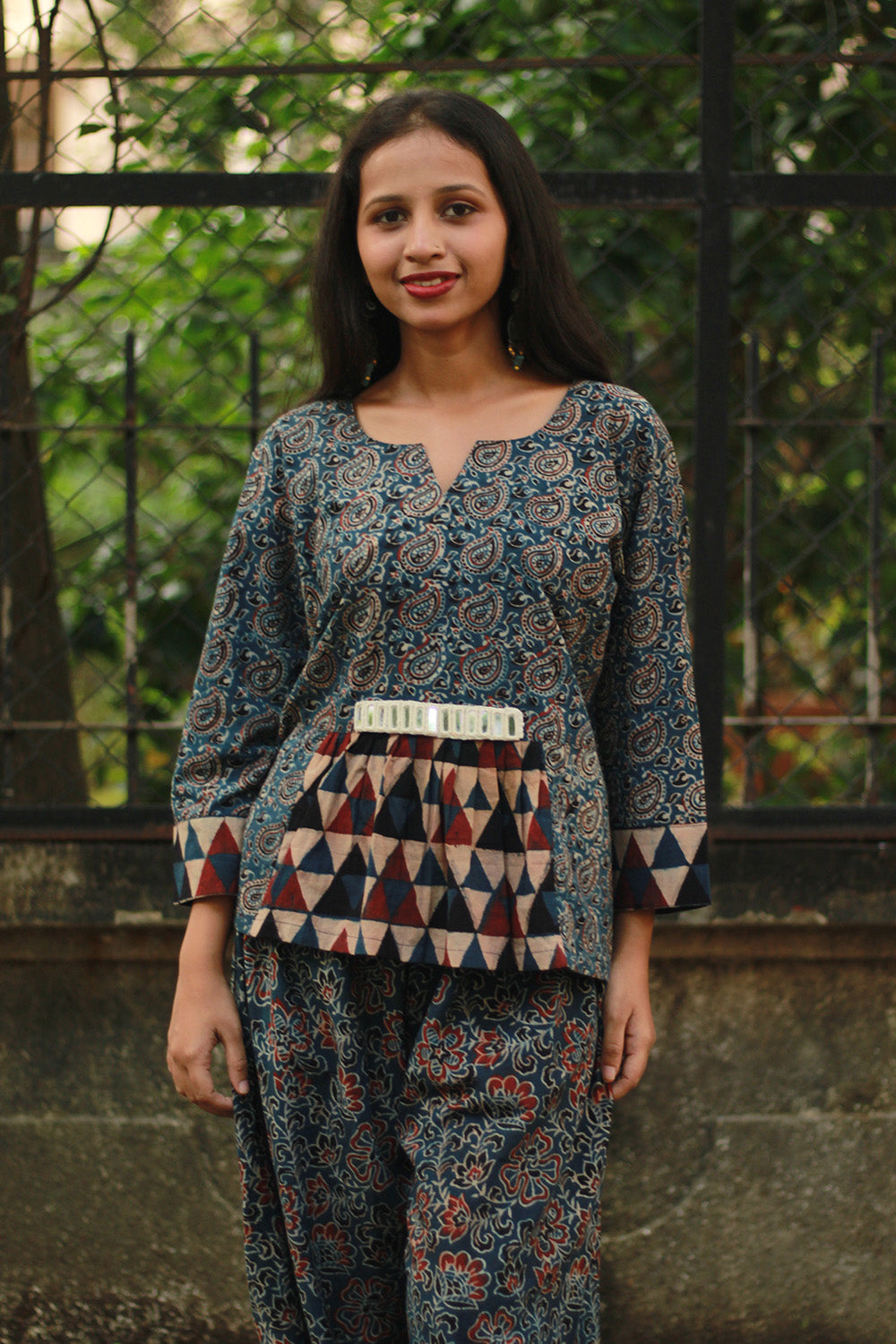 Afsana | Co-Ord Set with Mirrorwork | Indigo Paisley Ajrakh