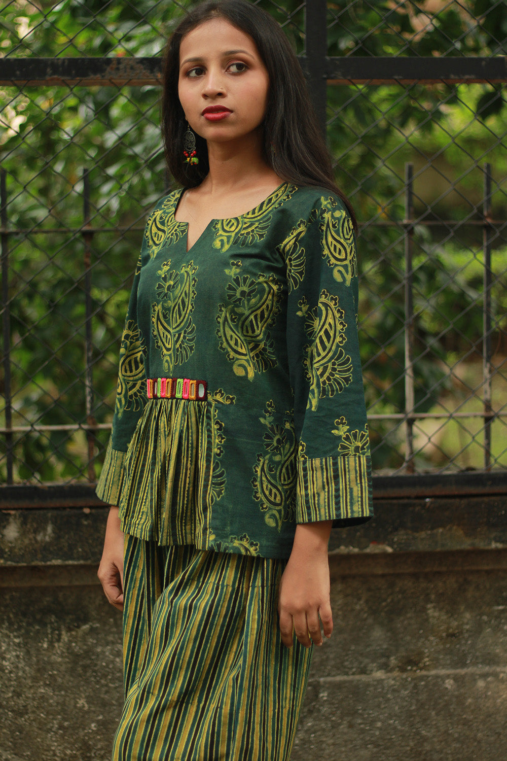 Afsana | Co-Ord Set with Mirrorwork | Green Paisley Ajrakh