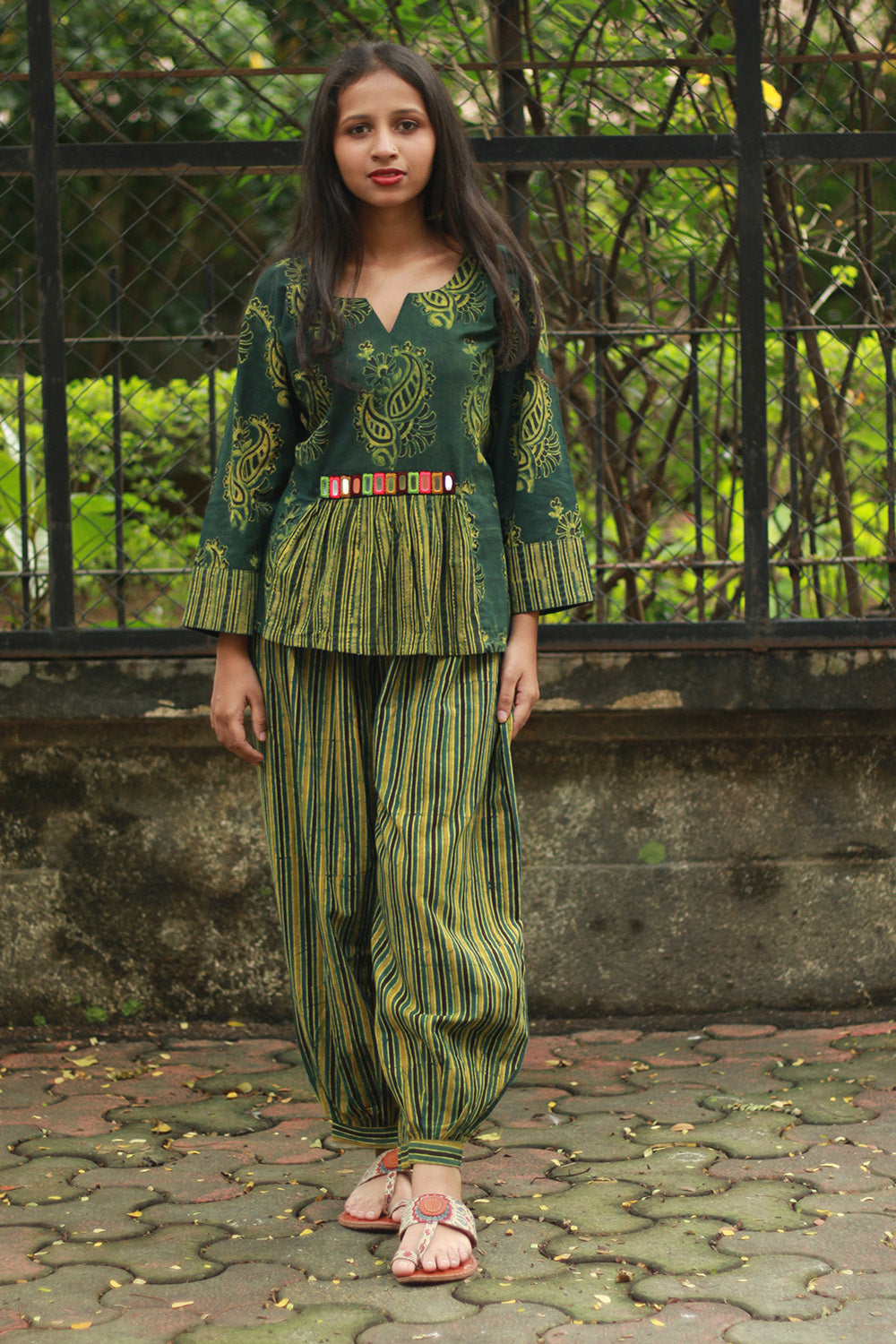 Afsana | Co-Ord Set with Mirrorwork | Green Paisley Ajrakh
