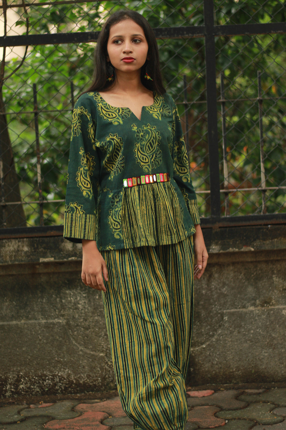 Afsana | Co-Ord Set with Mirrorwork | Green Paisley Ajrakh