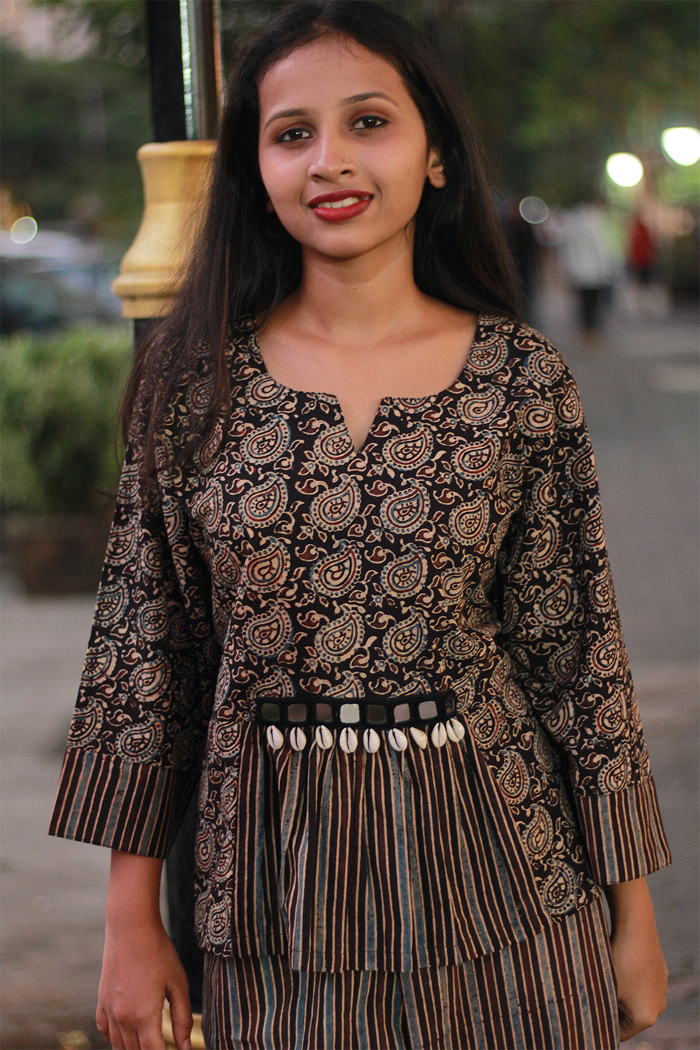 Afsana | Co-Ord Set with Mirrorwork | Noir Paisley Ajrakh