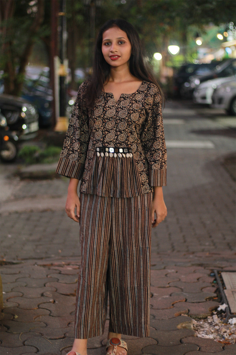 Afsana | Co-Ord Set with Mirrorwork | Noir Paisley Ajrakh
