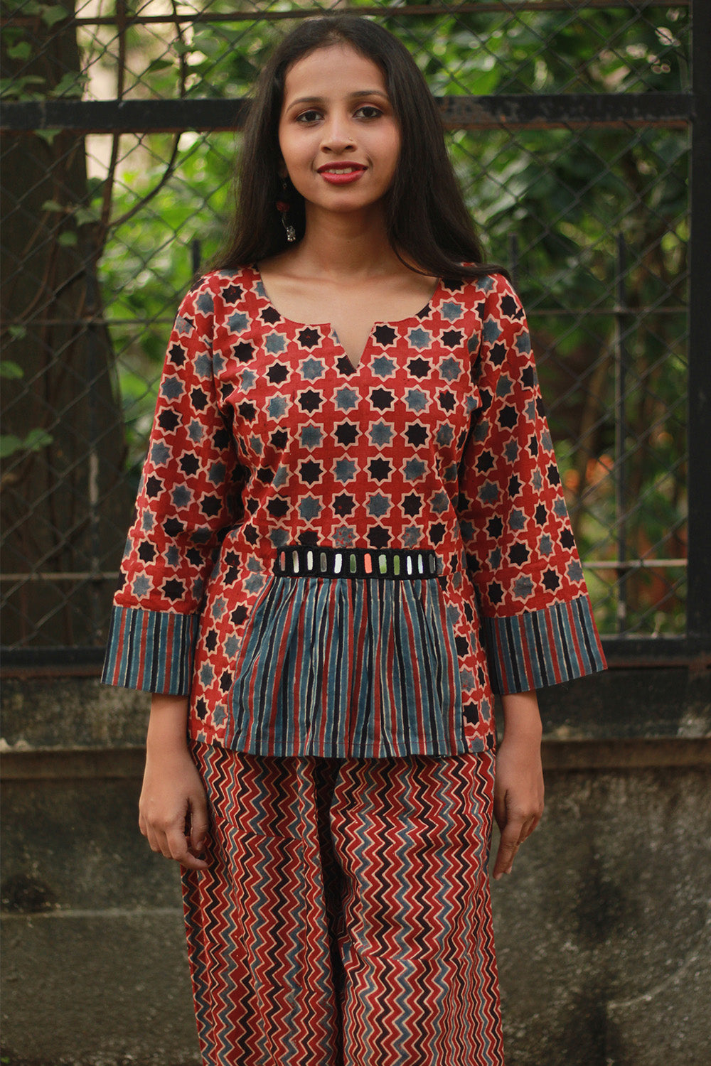 Afsana | Co-Ord Set with Mirrorwork | Madder Shatkon Ajrakh