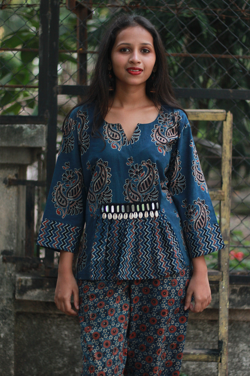 Afsana | Co-Ord Set with Mirrorwork | Navy Paisley Ajrakh
