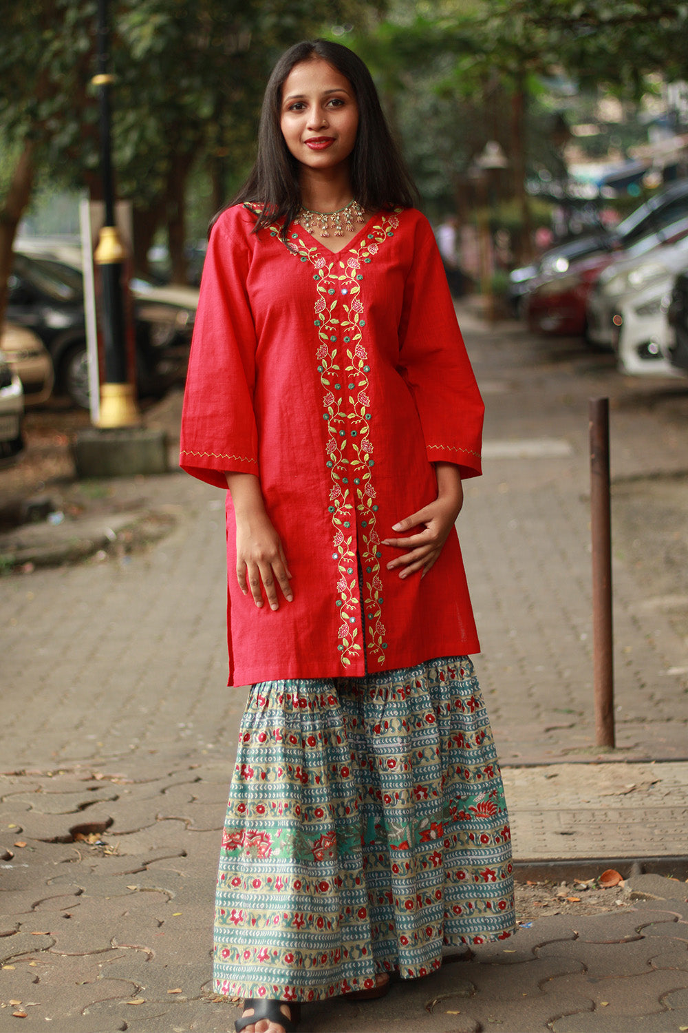 Zoya | Sharara Kurta Co-ord Set | Teal & Red Sanganeri