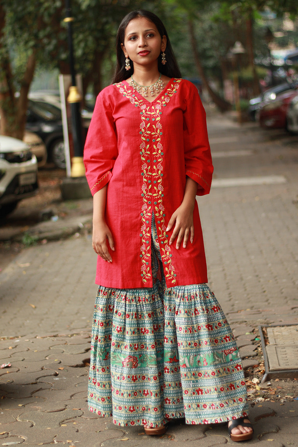 Zoya | Sharara Kurta Co-ord Set | Teal & Red Sanganeri