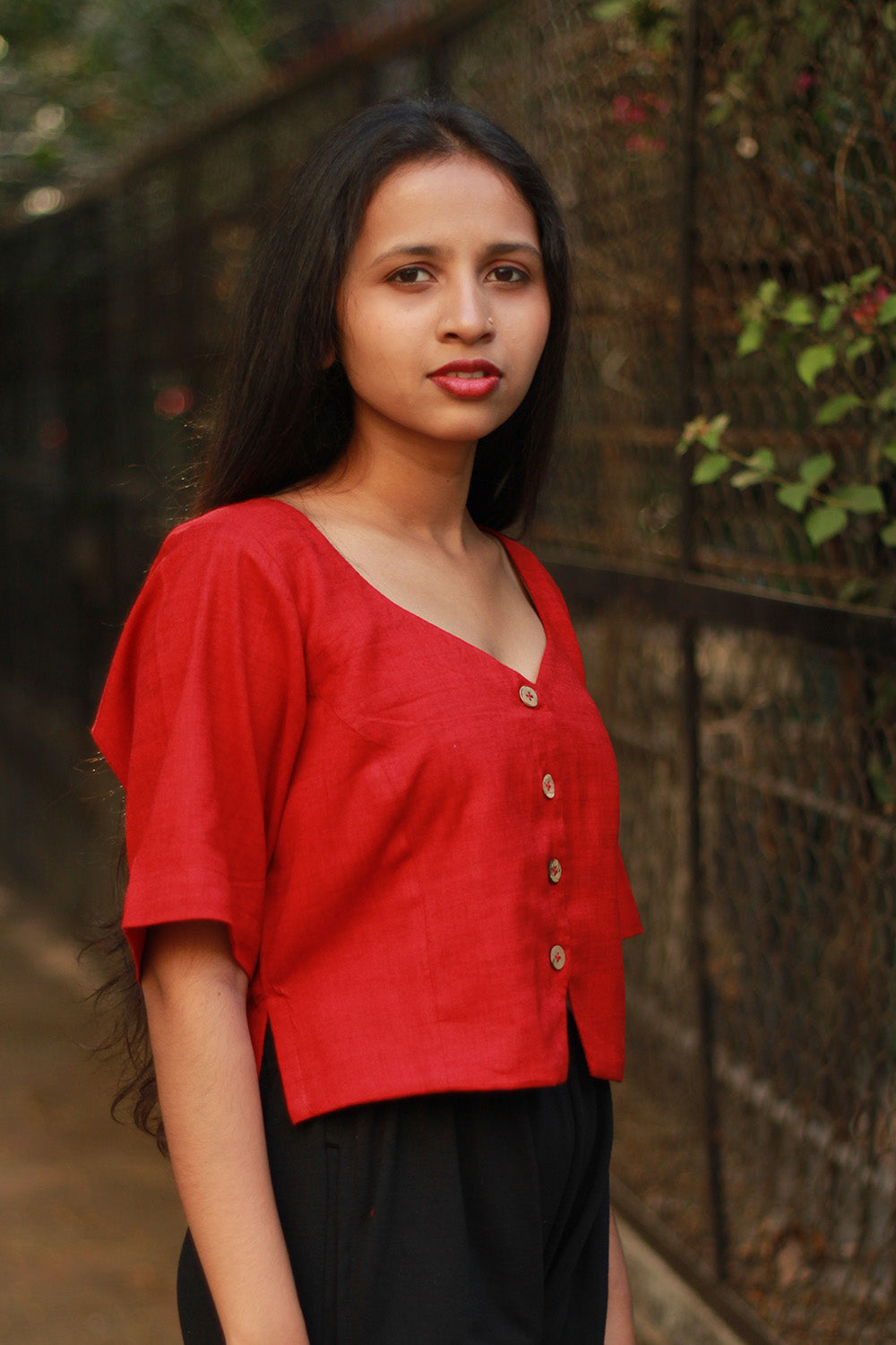Cropped Shirt-Blouse | Cotton | Crimson