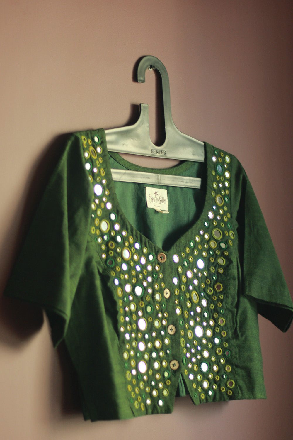 Gor Banjara | Embroidered Cropped Shirt-Blouse | Forest Green