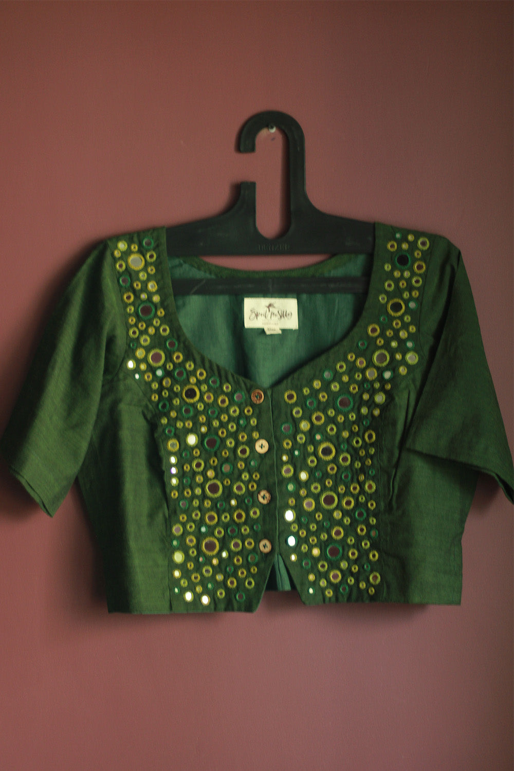 Gor Banjara | Embroidered Cropped Shirt-Blouse | Forest Green