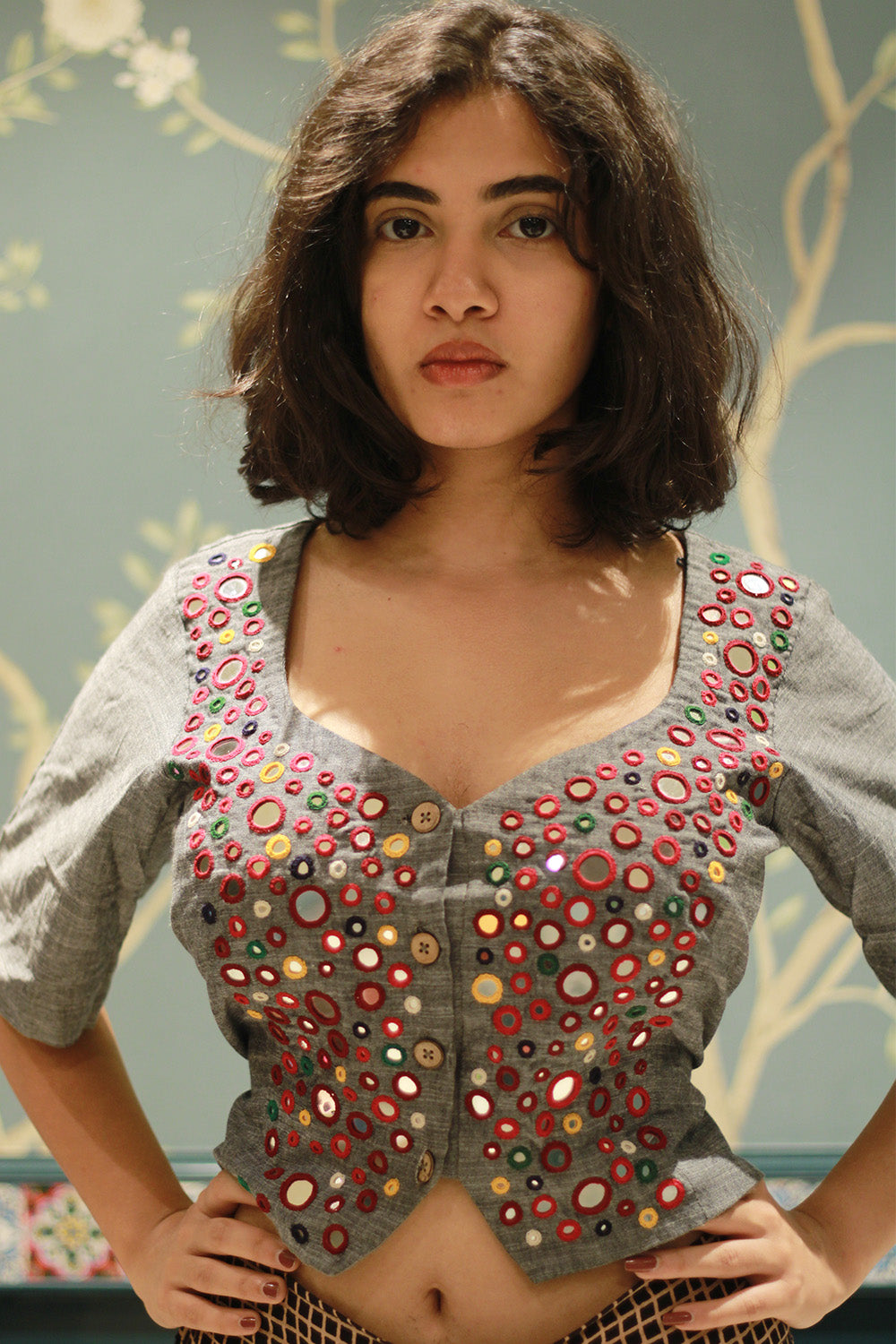 Gor Banjara | Embroidered Cropped Shirt-Blouse | Grey