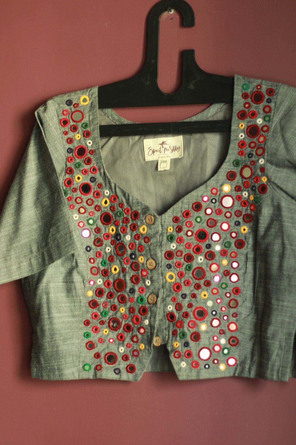 Gor Banjara | Embroidered Cropped Shirt-Blouse | Grey