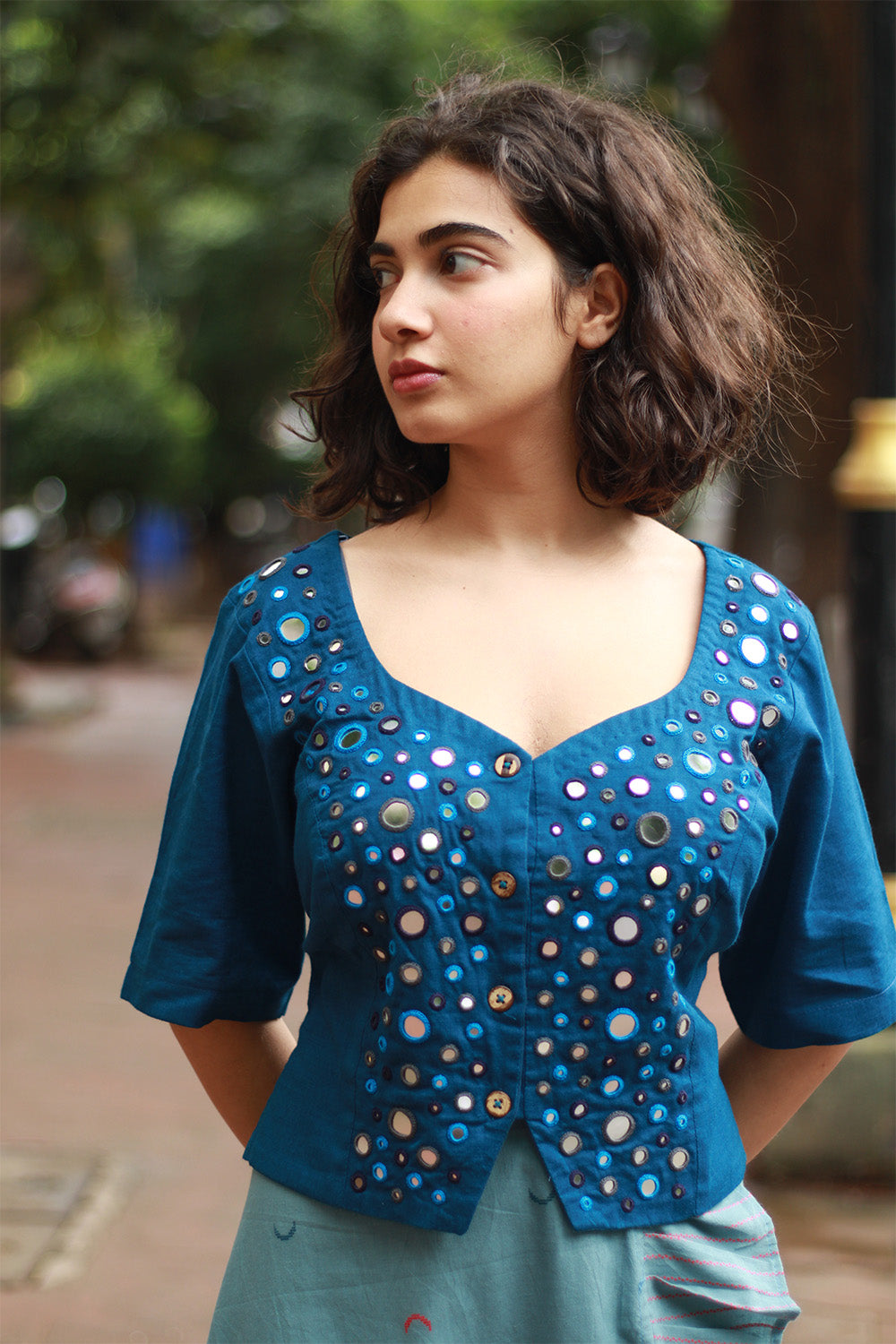 Gor Banjara | Embroidered Cropped Shirt-Blouse | Cobalt Blue