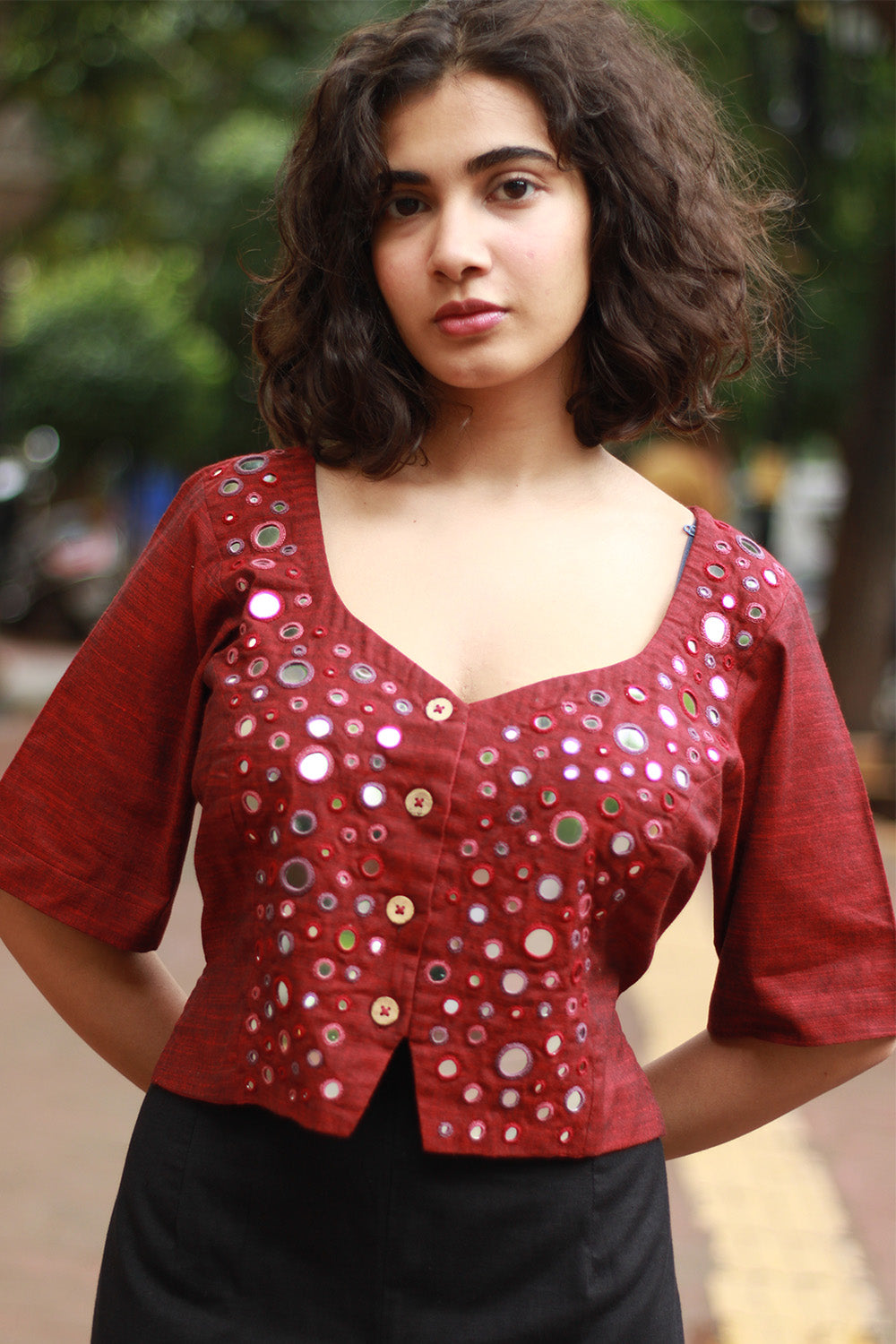Gor Banjara | Embroidered Cropped Shirt-Blouse | Maroon