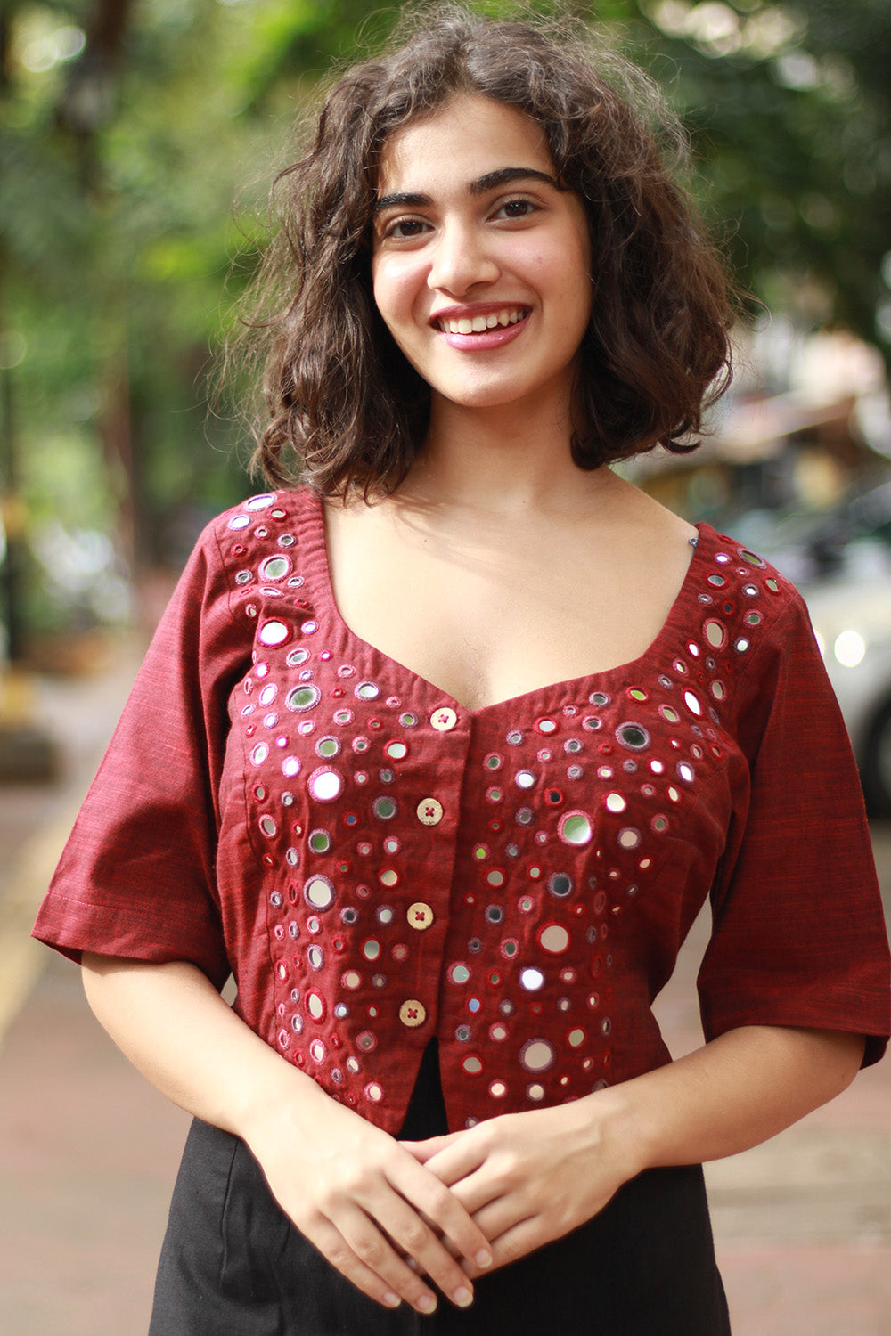 Gor Banjara | Embroidered Cropped Shirt-Blouse | Maroon