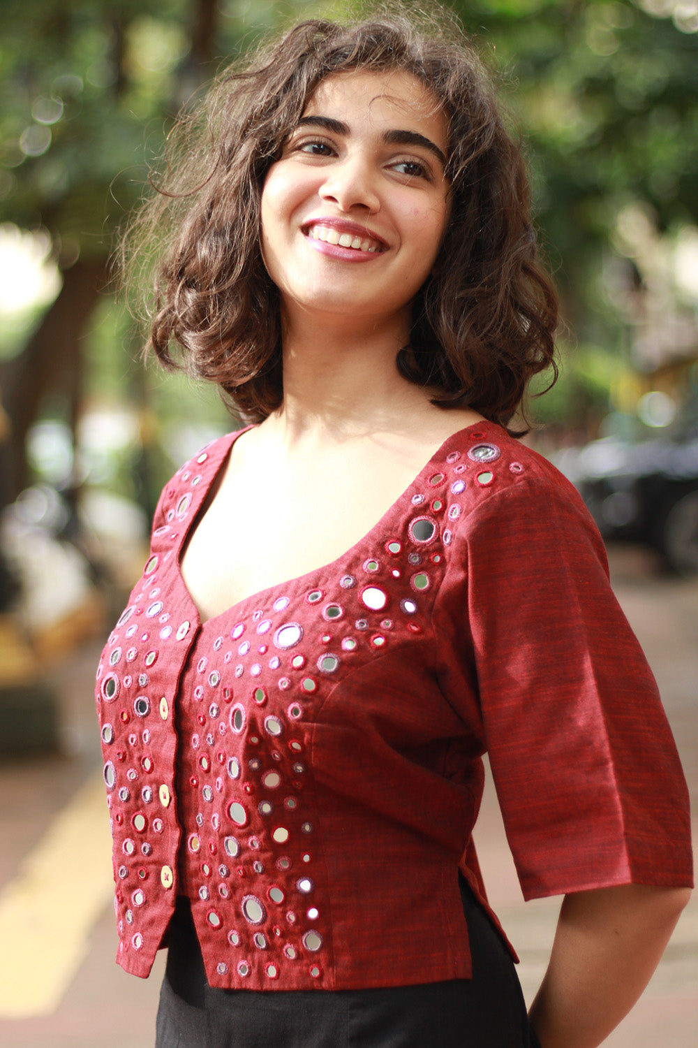 Gor Banjara | Embroidered Cropped Shirt-Blouse | Maroon