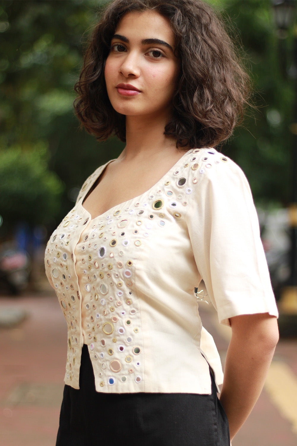 Gor Banjara | Embroidered Cropped Shirt-Blouse | Ivory