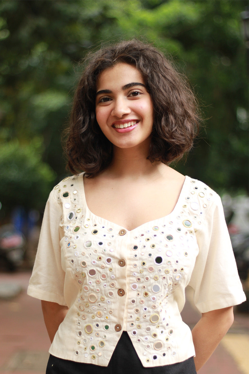 Gor Banjara | Embroidered Cropped Shirt-Blouse | Ivory
