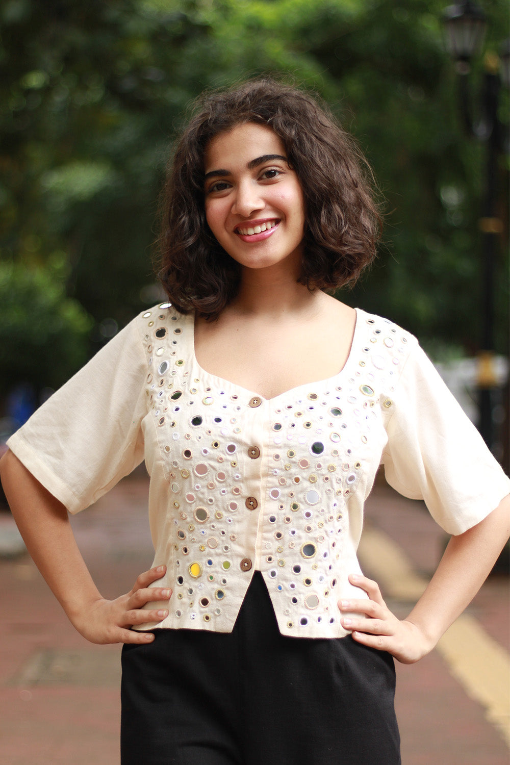 Gor Banjara | Embroidered Cropped Shirt-Blouse | Ivory